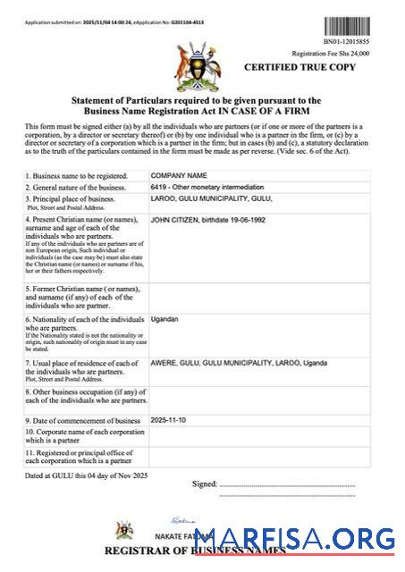 Blank Uganda business name registration certificate Word and PDF template, version 3